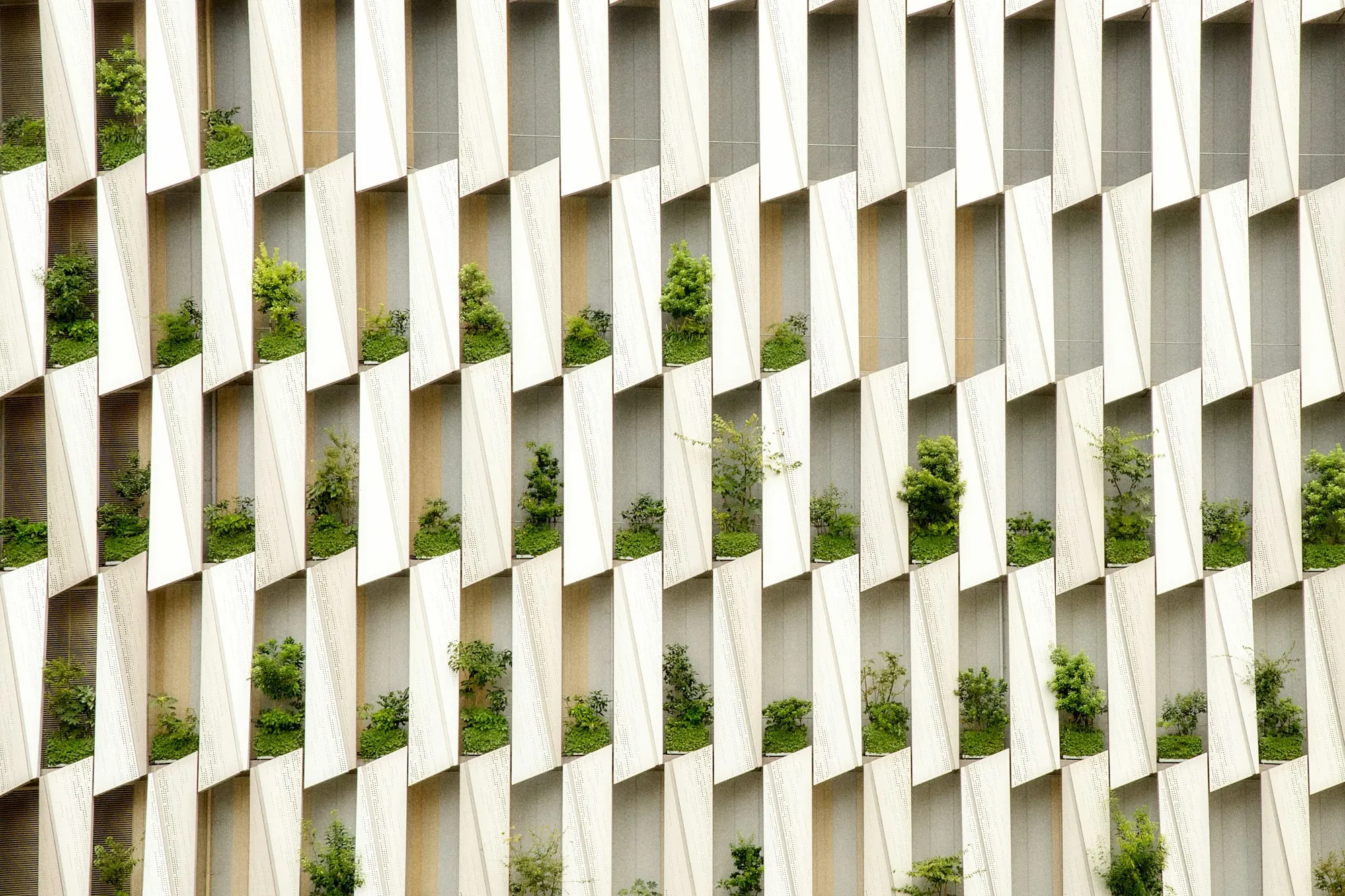 Building facade of angled white panels with a small plant growing in every bay